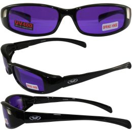 New Attitude Motorcycle Glasses with Purple Lenses and Black Frame with Flames